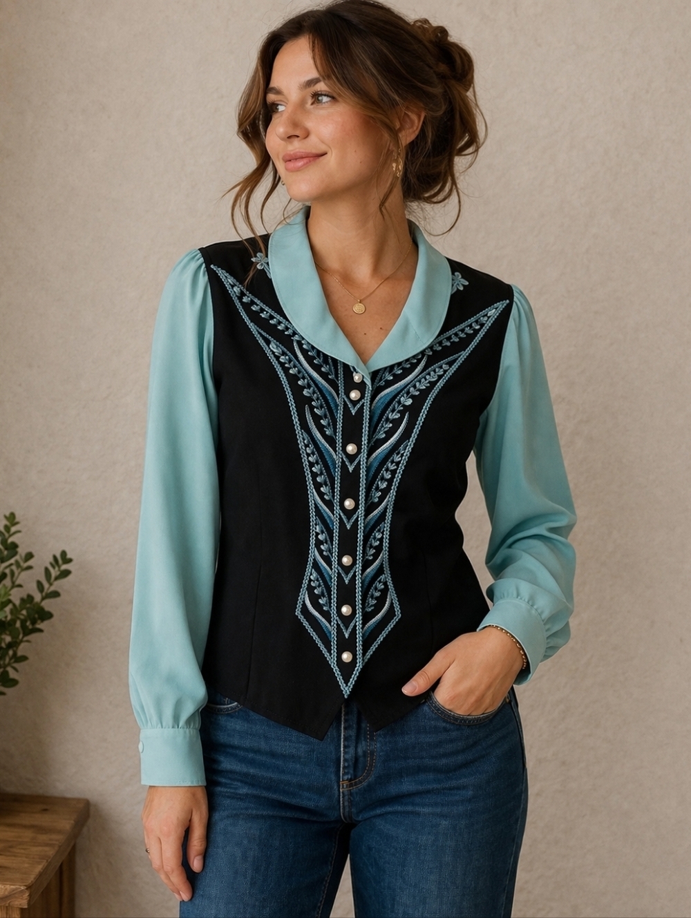 VTG 70s BOB MACKIE Embroidered Button Down Tie Back Disco Shirt